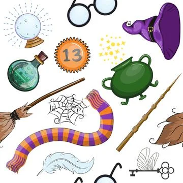 Magic items seamless pattern in cartoon bright style. Witchcraft and sorcery, 스톡 일러스트