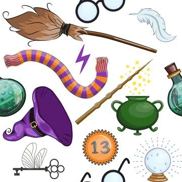 Magic items seamless pattern in cartoon bright style. Witchcraft and sorcery, Illustrazione stock