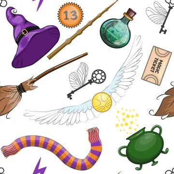 Magic items seamless pattern in cartoon bright style. Witchcraft and sorcery, Illustrazione stock
