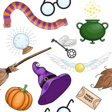 Magic items seamless pattern in cartoon bright style. Witchcraft and sorcery, 스톡 일러스트