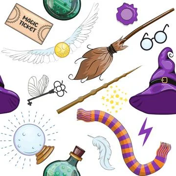 Magic items seamless pattern in cartoon bright style. Witchcraft and sorcery, 스톡 일러스트
