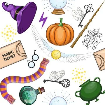 Magic items seamless pattern in cartoon bright style. Witchcraft and sorcery, Stock Illustration