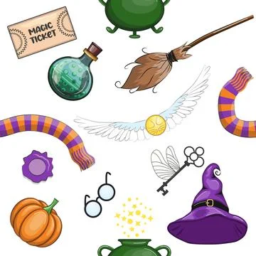 Magic items seamless pattern in cartoon bright style. Witchcraft and sorcery, 스톡 일러스트