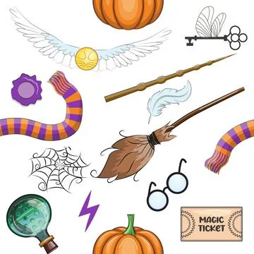 Magic items seamless pattern in cartoon bright style. Witchcraft and sorcery, 스톡 일러스트