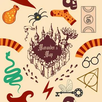 Magic items seamless pattern in flat style. School of Magic. Pumpkin, key, .. 스톡 일러스트