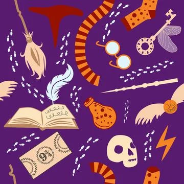 Magic items seamless pattern in flat style. School of Magic. Pumpkin, key, .. Illustrazione stock