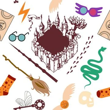 Magic items seamless pattern in flat style. School of Magic. Pumpkin, key, .. Illustrazione stock