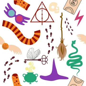 Magic items seamless pattern in flat style. School of Magic. Pumpkin, key, .. 스톡 일러스트