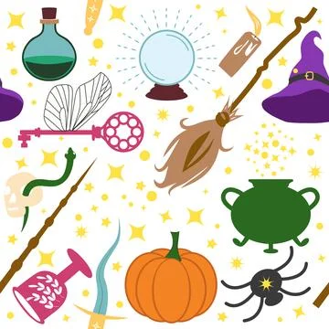 Magic items seamless pattern in flat style. School of Magic. Pumpkin, key, ma Illustrazione stock