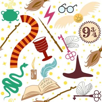Magic items seamless pattern in flat style. School of Magic. Pumpkin, key, .. 스톡 일러스트