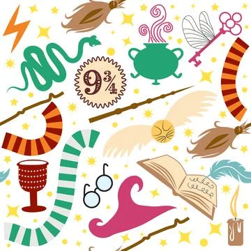 Magic items seamless pattern in flat style. School of Magic. Pumpkin, key, ma Stock Illustration