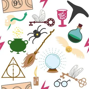 Magic items seamless pattern in flat style. School of Magic. Pumpkin, key, .. Stock Illustration