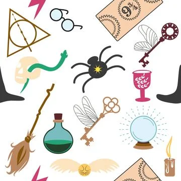 Magic items seamless pattern in flat style. School of Magic. Pumpkin, key, .. Stock Illustration