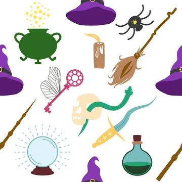 Magic items seamless pattern in flat style. School of Magic. Pumpkin, key, .. Illustrazione stock