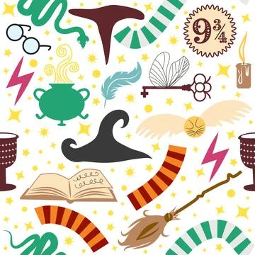 Magic items seamless pattern in flat style. School of Magic. Pumpkin, key, ma 库存插图