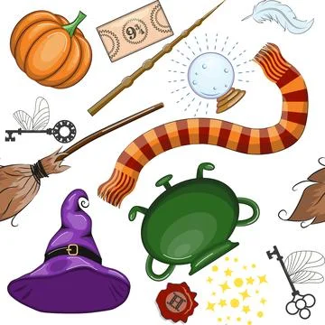 Magic items seamless pattern in flat style. School of Magic. Stock Illustration