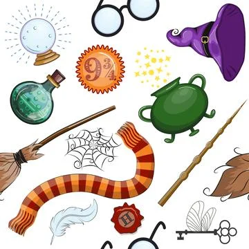 Magic items seamless pattern in flat style. School of Magic. Иллюстрация