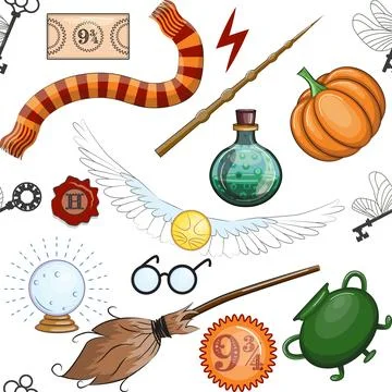 Magic items seamless pattern in flat style. School of Magic. Stock Illustration