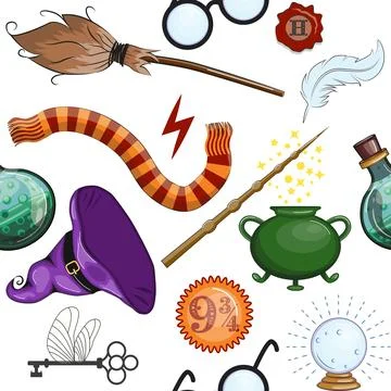 Magic items seamless pattern in flat style. School of Magic. Illustrazione stock