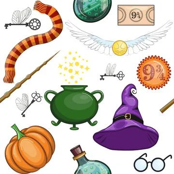 Magic items seamless pattern in flat style. School of Magic. イラスト素材