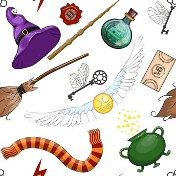 Magic items seamless pattern in flat style. School of Magic. Stock Illustration