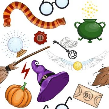Magic items seamless pattern in flat style. School of Magic. 스톡 일러스트