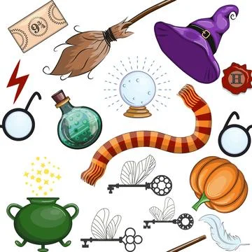 Magic items seamless pattern in flat style. School of Magic. Illustrazione stock