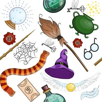 Magic items seamless pattern in flat style. School of Magic. Stock Illustration