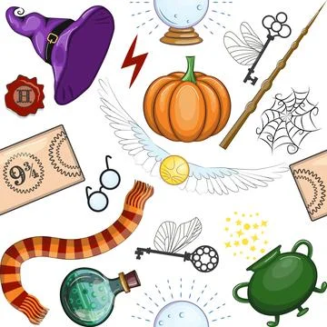 Magic items seamless pattern in flat style. School of Magic. Stock Illustration