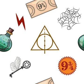 Magic items seamless pattern in flat style. School of Magic. Illustrazione stock