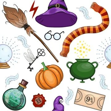 Magic items seamless pattern in flat style. School of Magic. 库存插图