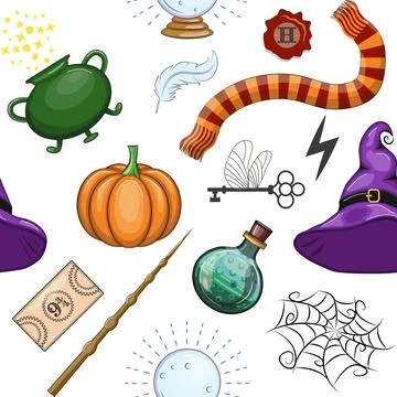 Magic items seamless pattern in flat style. School of Magic. Stock Illustration
