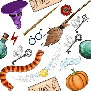 Magic items seamless pattern in flat style. School of Magic. Illustrazione stock