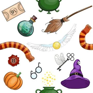 Magic items seamless pattern in flat style. School of Magic. Stock Illustration