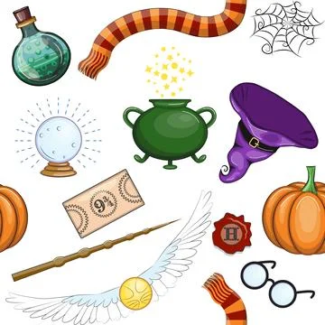Magic items seamless pattern in flat style. School of Magic. Stock Illustration