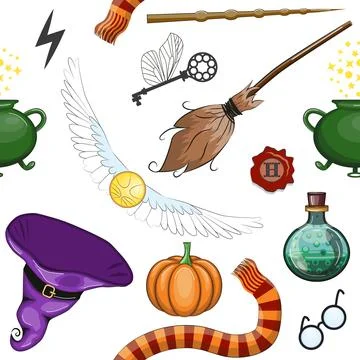 Magic items seamless pattern in flat style. School of Magic. Stock Illustration