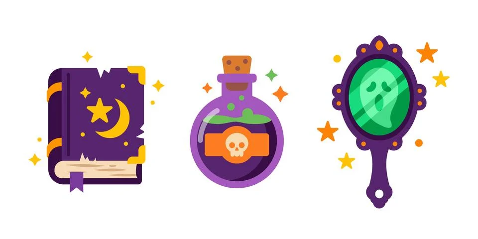 Magic Items Set With Spell Book Potion Bottle And Magic Mirror Stock-Illustration