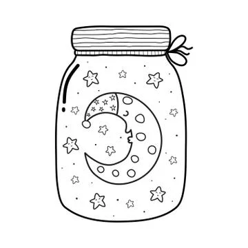 Magic in a jar coloring page with a cute sleeping moon Stock Illustration