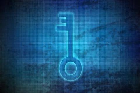 Magic key on blue shiny pixel grid screen modern technology illustration Illustrazione stock
