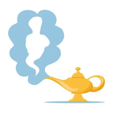 Magic lamp of Aladdin. Golden magic lamp of Aladdin with gin. Vector Stock Illustration