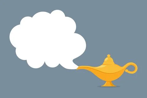 Magic lamp with smoke cloud for text on blue background. Genie lamp illustration Stock Illustration