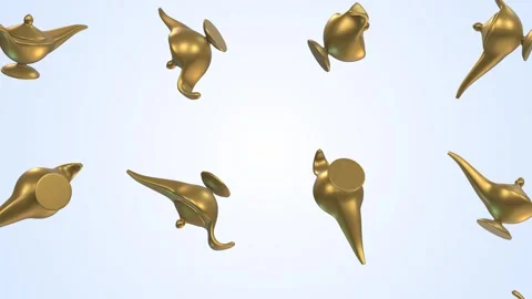 Magic Lamps Falling on a Light Blue Background. Golden Magic Lamps 3D. 4K Stock Footage 304993203
