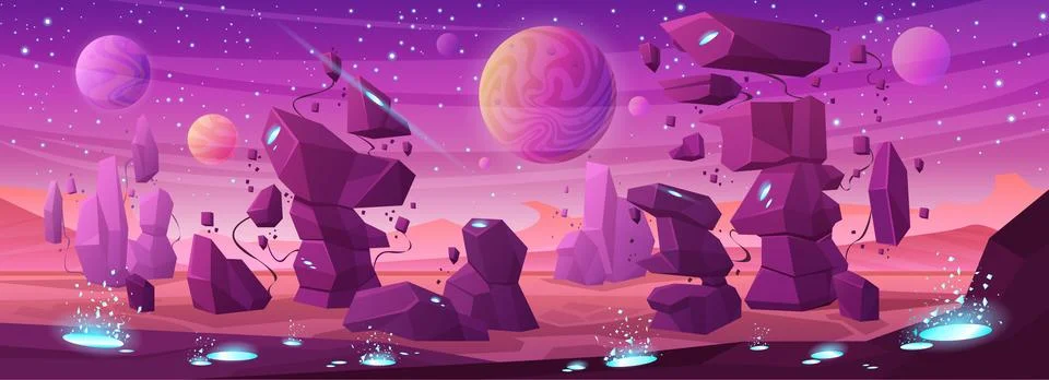 Magic landscape of alien planet in space, purple fantasy scene with crystals and Illustration
