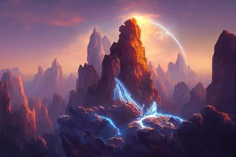 Magic landscape on mountain cliff with flying rocks. computer game scene. Stock Illustration