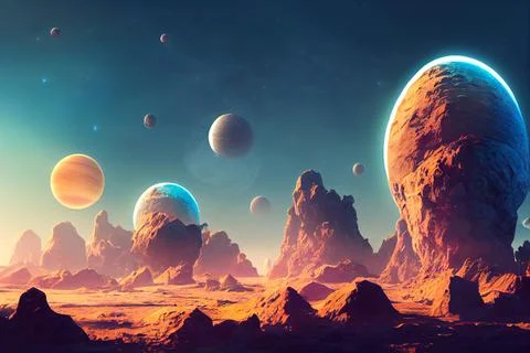 Magic landscape on mountain cliff with flying rocks. computer game scene. Stock Illustration