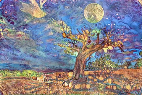 Magic landscape with old tree Stock Illustration