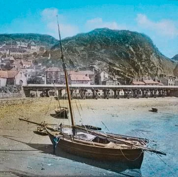 Magic Lantern slide circa 1887 hand coloured. created in 1887. Barnmouth from Foto stock