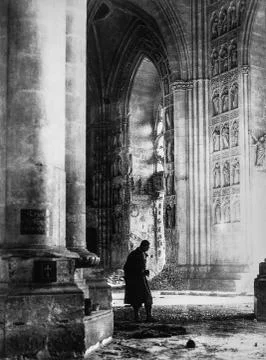 Magic lantern slide circa 1900, Victorian, shelling of the Cathedral of Reims Stock Photos