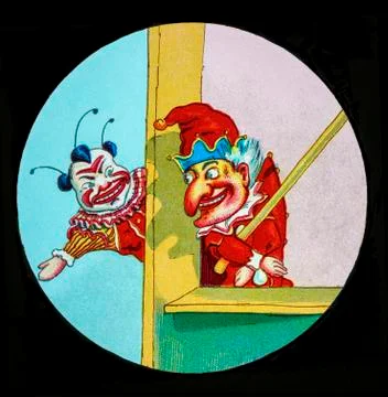 Magic Lantern slide circa 1900 hand coloured. Punch and Judy Show. Hullo ! he Fotos Stock