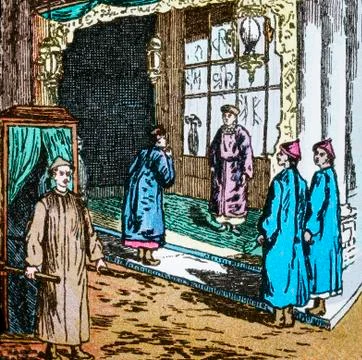 Magic Lantern slide circa 1900 hand coloured. The land of the pigtails. A Vis Foto stock